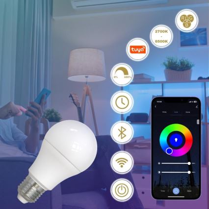 LED RGBW Dimmelhető izzó A60 E27/9W/230V 2700-6500K Wi-Fi Tuya