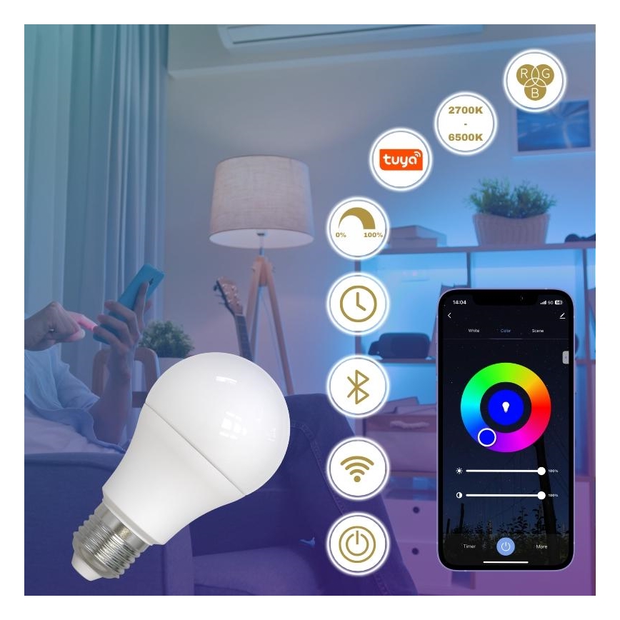 LED RGBW Dimmelhető izzó A60 E27/9W/230V 2700-6500K Wi-Fi Tuya