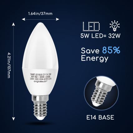LED RGBW Dimmelhető izzó C37 E14/5W/230V 3000-6500K Wi-Fi - Aigostar