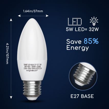 LED RGBW Dimmelhető izzó C37 E27/5W/230V 3000-6500K Wi-Fi - Aigostar