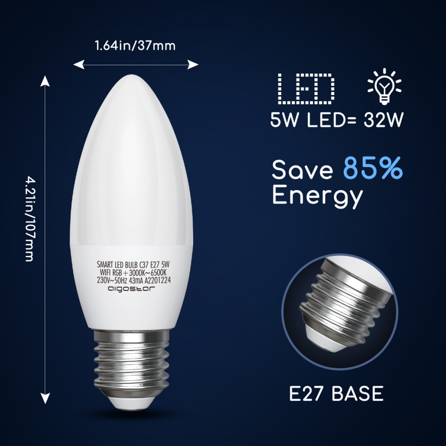 LED RGBW Dimmelhető izzó C37 E27/5W/230V 3000-6500K Wi-Fi - Aigostar
