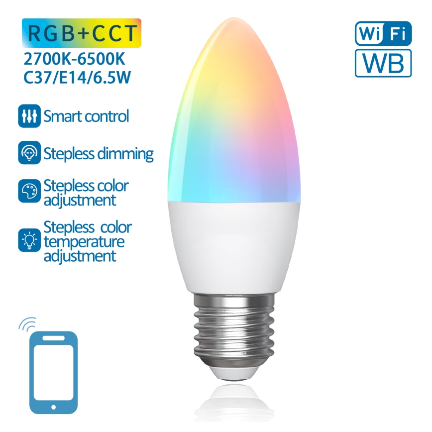 LED RGBW Dimmelhető izzó C37 E27/6,5W/230V 2700-6500K Wi-Fi - Aigostar