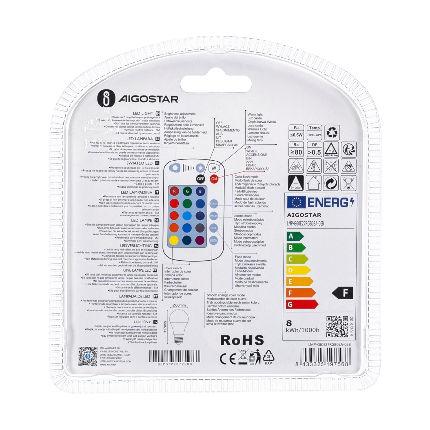 LED RGBW Dimmelhető izzó E27/8W/230V 3000K + távirányítás - Aigostar