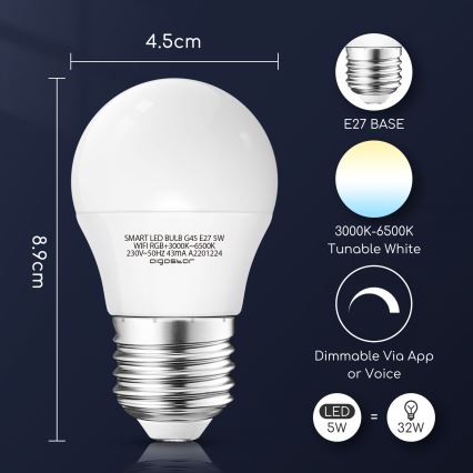 LED RGBW Dimmelhető izzó G45 E27/5W/230V 3000-6500K Wi-Fi - Aigostar