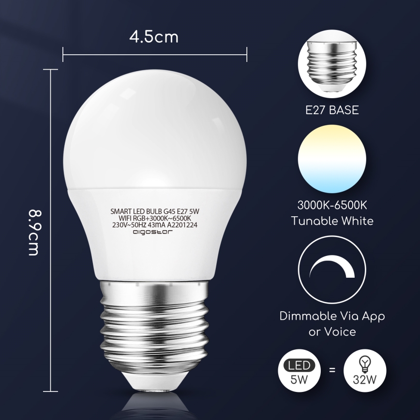 LED RGBW Dimmelhető izzó G45 E27/5W/230V 3000-6500K Wi-Fi - Aigostar