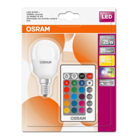 LED RGBW Dimmelhető izzó STAR E14 / 4,5W / 230V 2700K + távirányító - Osram