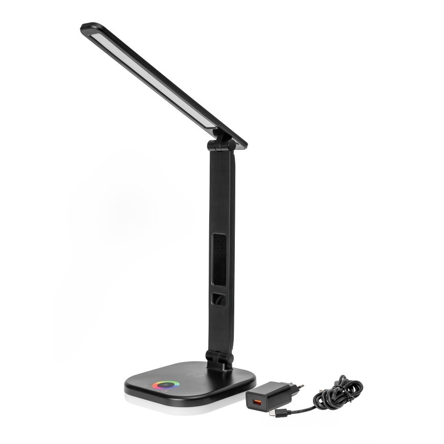 LED RGBW Dimmelhető érintős lámpa vezeték nélküli töltéssel LCD kijelzővek és USB porttal MAGNUS LED/6W/5V 3000-6500K fekete