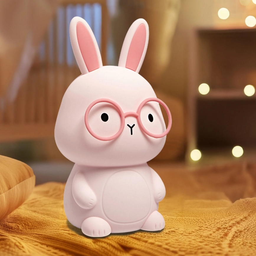 LED RGBW Dimmelhető gyerek érintőlámpa FLORKA LED/1W/5V USB 1200 mAh nyuszi rózsaszín