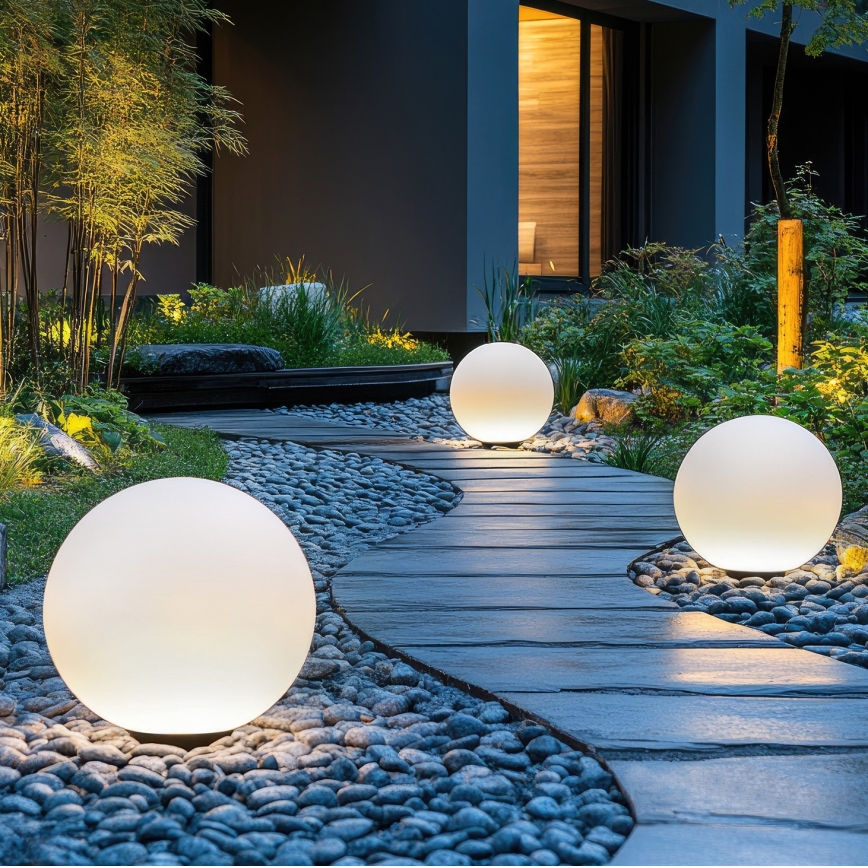 LED RGBW, fényerőszabályozható napelemes lámpa GARDEN BALL LED/5W/3,7V 3000K IP54 2200 mAh átm. 30 cm + távirányító