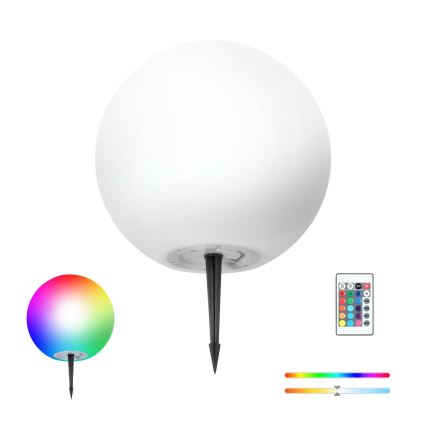 LED RGBW, fényerőszabályozható napelemes lámpa GARDEN BALL LED/5W/3,7V 3000K IP54 2200 mAh átm. 30 cm + távirányító