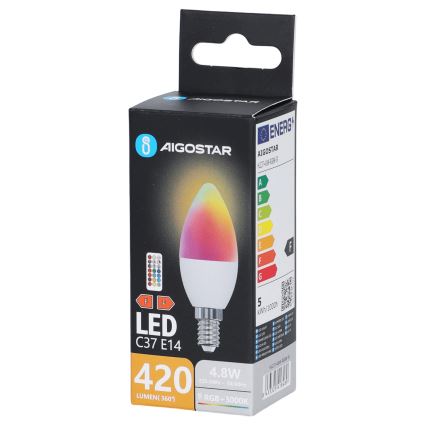 LED RGBW izzó C37 E14/4,8W/230V 3000K + távirányító - Aigostar