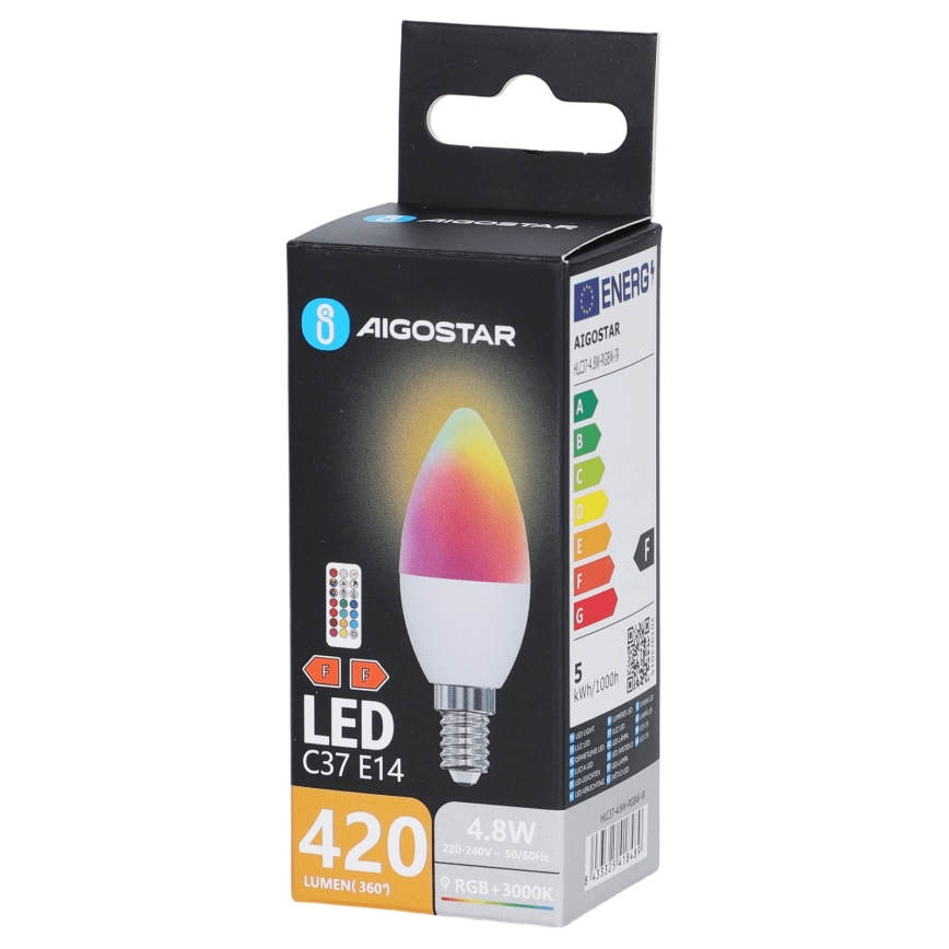 LED RGBW izzó C37 E14/4,8W/230V 3000K + távirányító - Aigostar