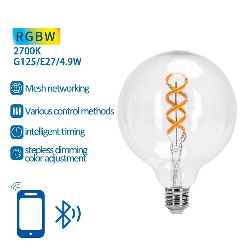 LED RGBW Dimmelhető izzó FILAMENT MESH Intelligens G125 E27/4,9W/230V 2700K - Aigostar