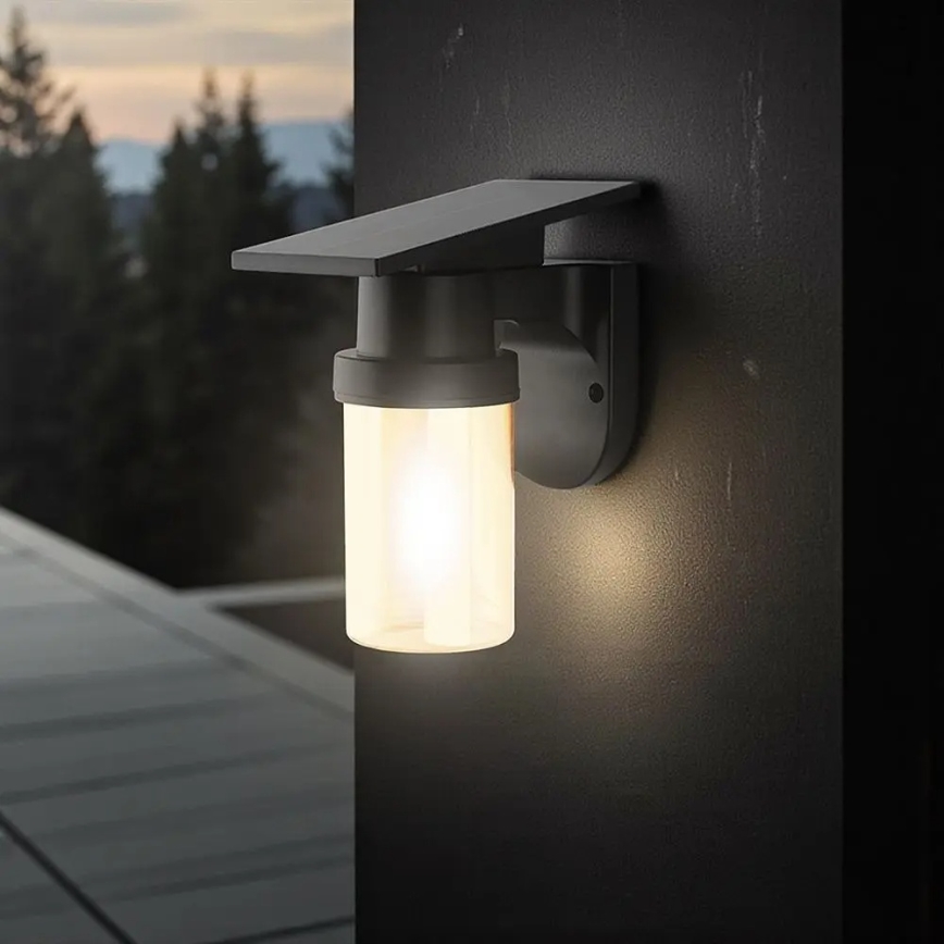 LED napelemes fali lámpa LED/3,7V 2700/3200/5000K IP54 1800 mAh fekete/füstös bézs + távirányítóval