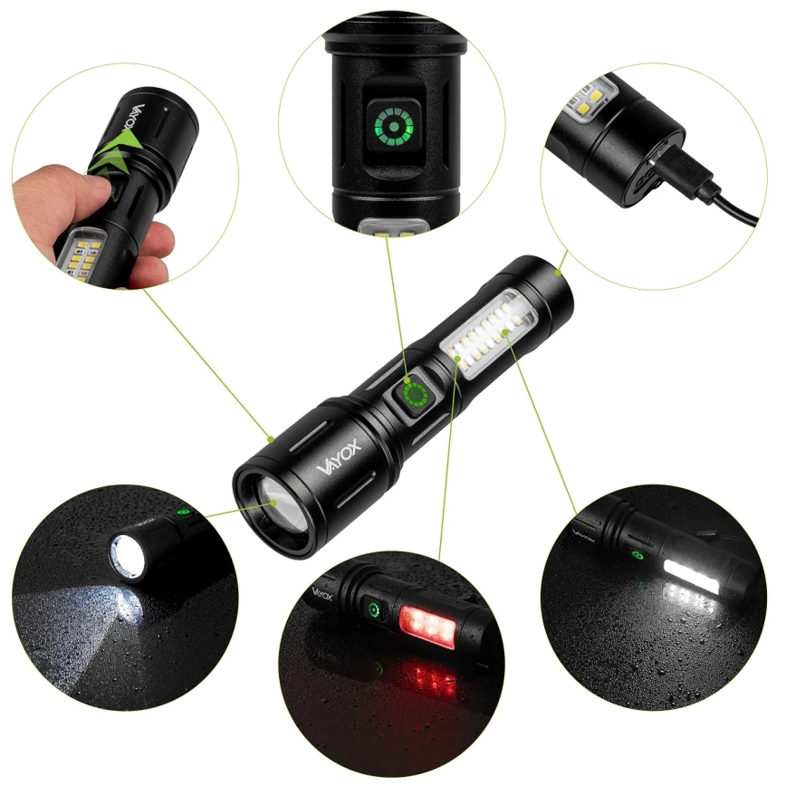 LED állítható fényerejű újratölthető zseblámpa piros fénnyel LED/5W/5V IPX4 260 lm 2000 mAh