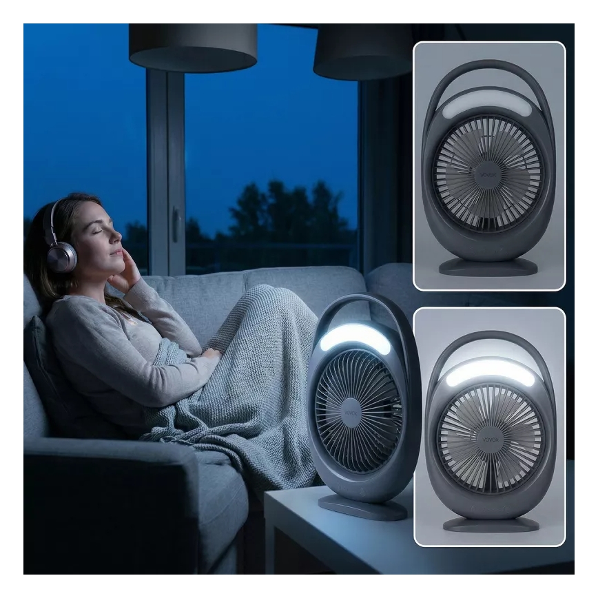 LED tölthető asztali ventilátor LED világítással LED/2,8W/5V USB 2400 mAh szürke