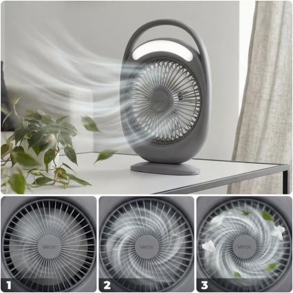 LED tölthető asztali ventilátor LED világítással LED/2,8W/5V USB 2400 mAh szürke