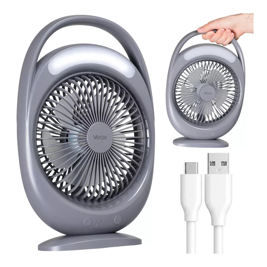 LED tölthető asztali ventilátor LED világítással LED/2,8W/5V USB 2400 mAh szürke