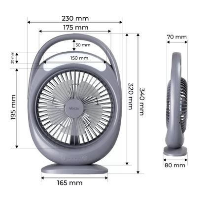 LED tölthető asztali ventilátor LED világítással LED/2,8W/5V USB 2400 mAh szürke