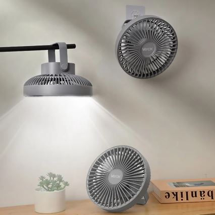 LED Újratölthető asztali ventilátor LED világítással LED/2W/5V USB 2400 mAh szürke