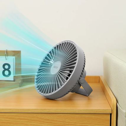 LED Újratölthető asztali ventilátor LED világítással LED/2W/5V USB 2400 mAh szürke