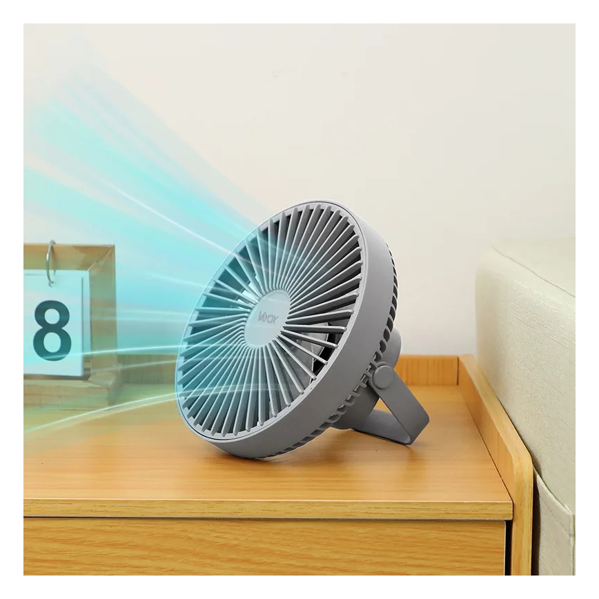 LED Újratölthető asztali ventilátor LED világítással LED/2W/5V USB 2400 mAh szürke
