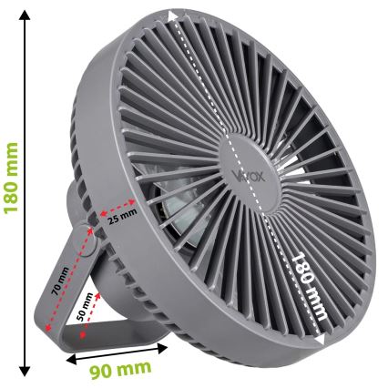 LED Újratölthető asztali ventilátor LED világítással LED/2W/5V USB 2400 mAh szürke