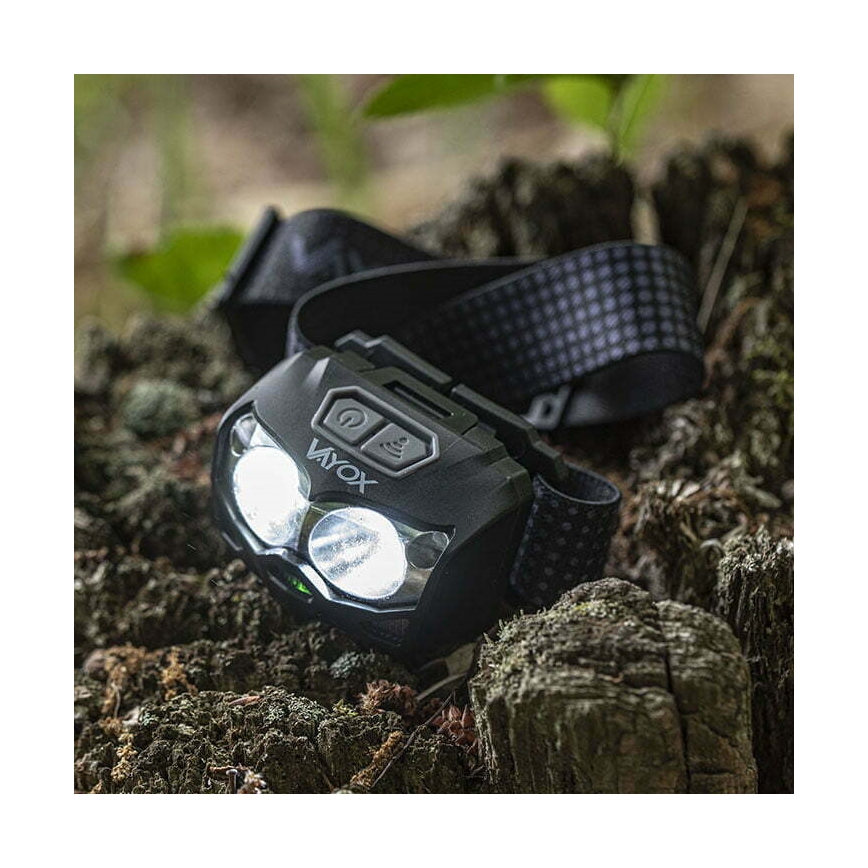 LED állítható fényerejű újratölthető fejlámpa szenzorral és vörös fénnyel 2xLED/5W/5V/3xAAA IP65 500 lm 1200 mAh