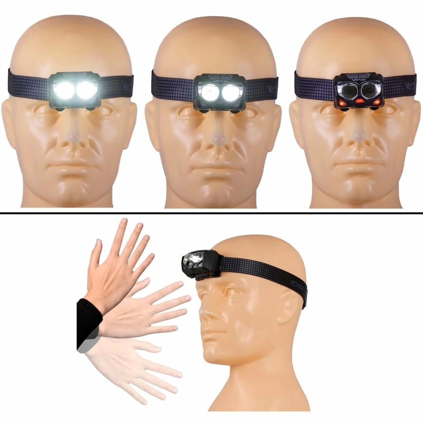 LED állítható fényerejű újratölthető fejlámpa szenzorral és vörös fénnyel 2xLED/5W/5V/3xAAA IP65 500 lm 1200 mAh