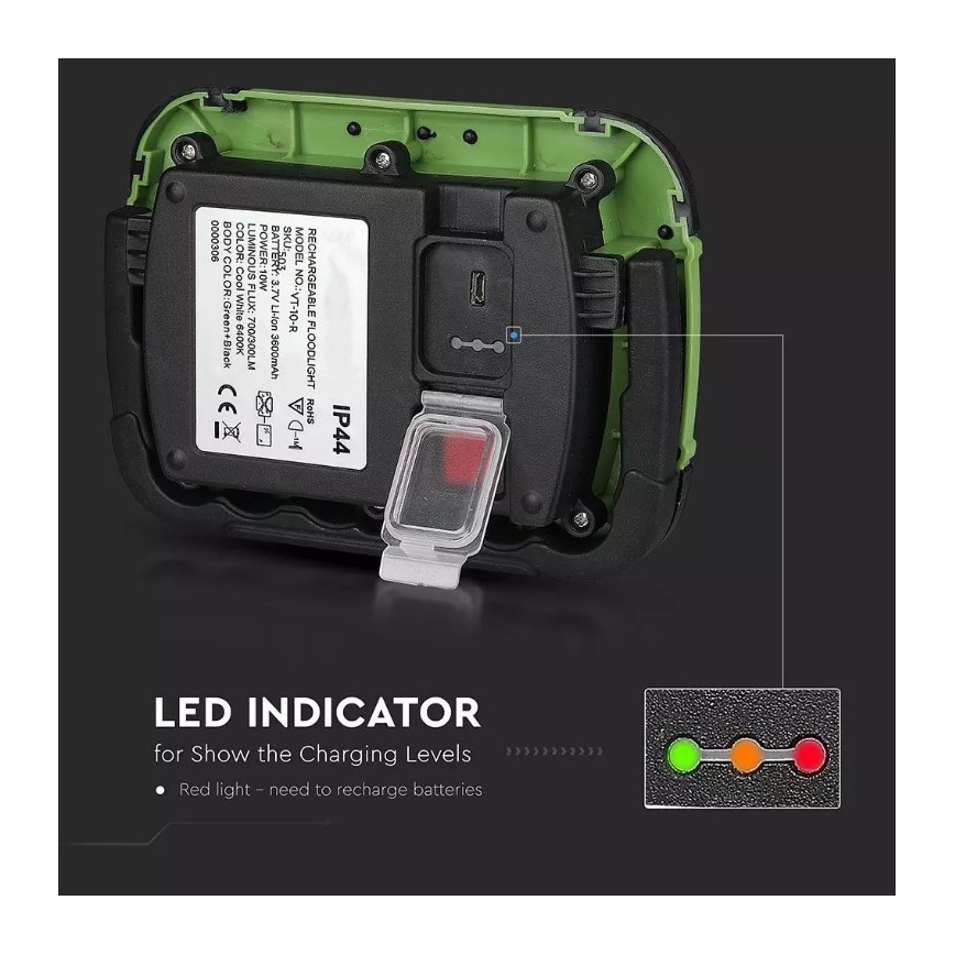 LED Újratölthető reflektor SAMSUNG CHIP LED/10W/3,7V IP44 4000K 3600 mAh zöld