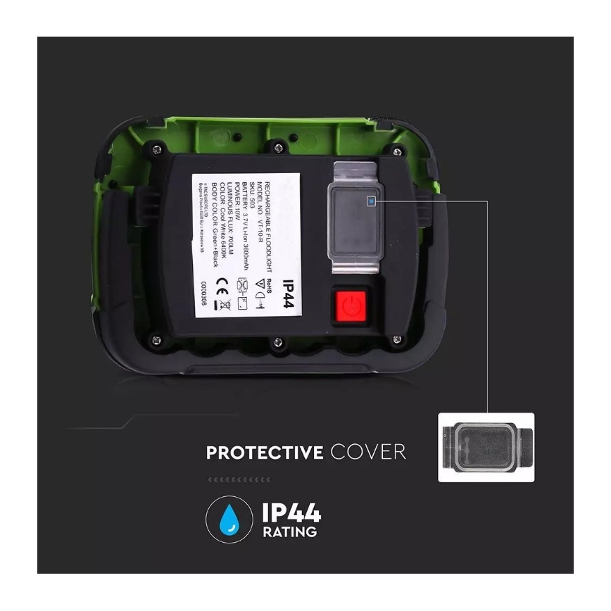 LED Újratölthető reflektor SAMSUNG CHIP LED/10W/3,7V IP44 6400K 3600 mAh zöld