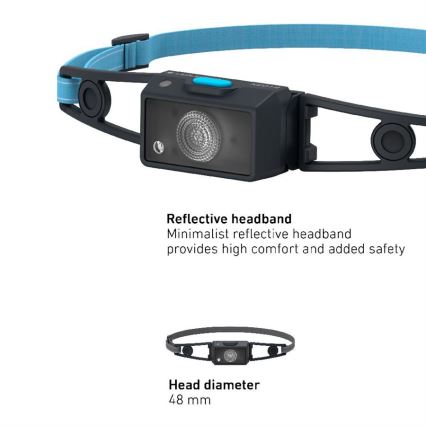 Ledlenser NEO1R - fényerőszabályozható, újratölthető LED-fejlámpa, 730 mAh, IP67, 250 lm, 15 óra, kék