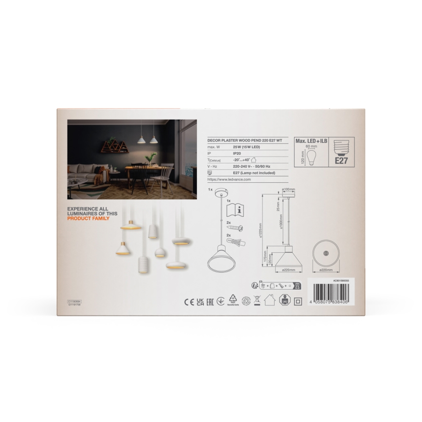 Ledvance - Csillár zsinóron DECOR PLASTER 1xE27/25W/230V átm. 22 cm vakolat fehér