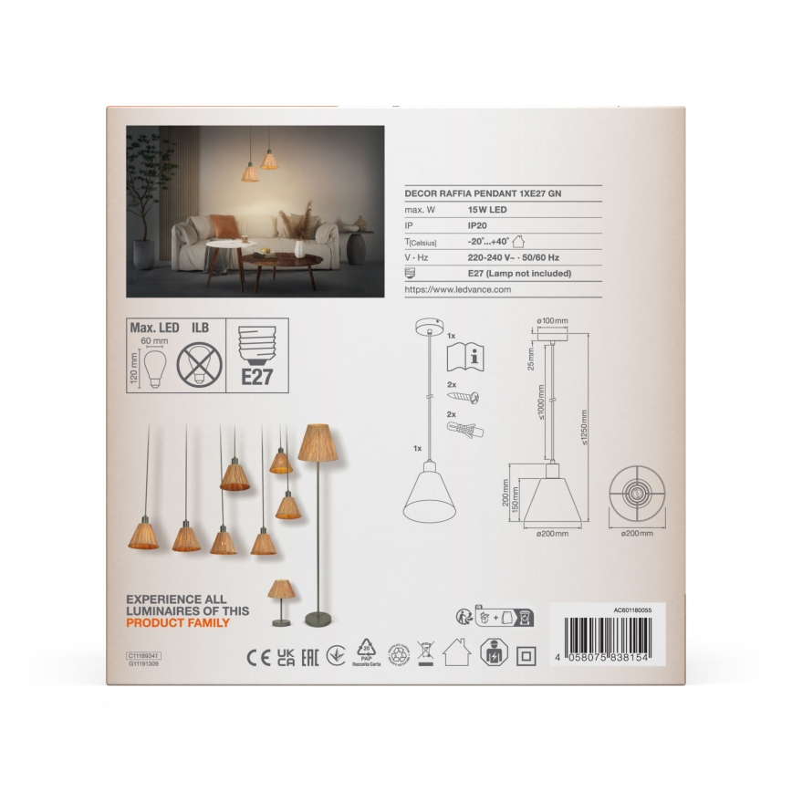 Ledvance - Csillár zsinóron DECOR RAFFIA 1xE27/15W/230V raffia háncs