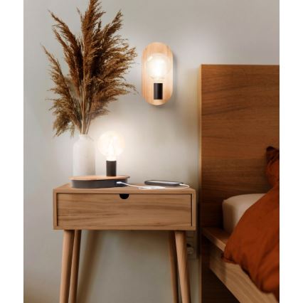 Ledvance - Érintőkapcsolós asztali lámpa USB csatlakozóval DECOR WOOD 1xE27/8W/230V gumi fa