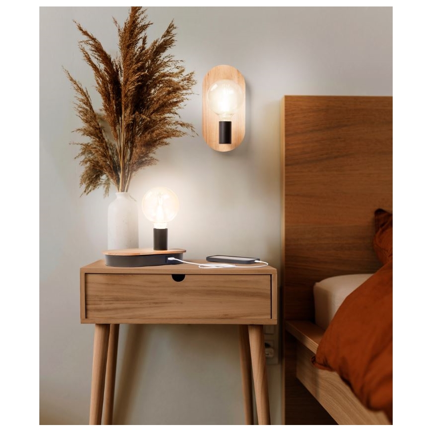 Ledvance - Érintőkapcsolós asztali lámpa USB csatlakozóval DECOR WOOD 1xE27/8W/230V gumi fa