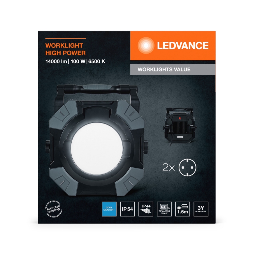 Ledvance - LED állítható fényerejű munkalámpa 2 aljzattal WORKLIGHT VALUE LED/100W/230V IP54