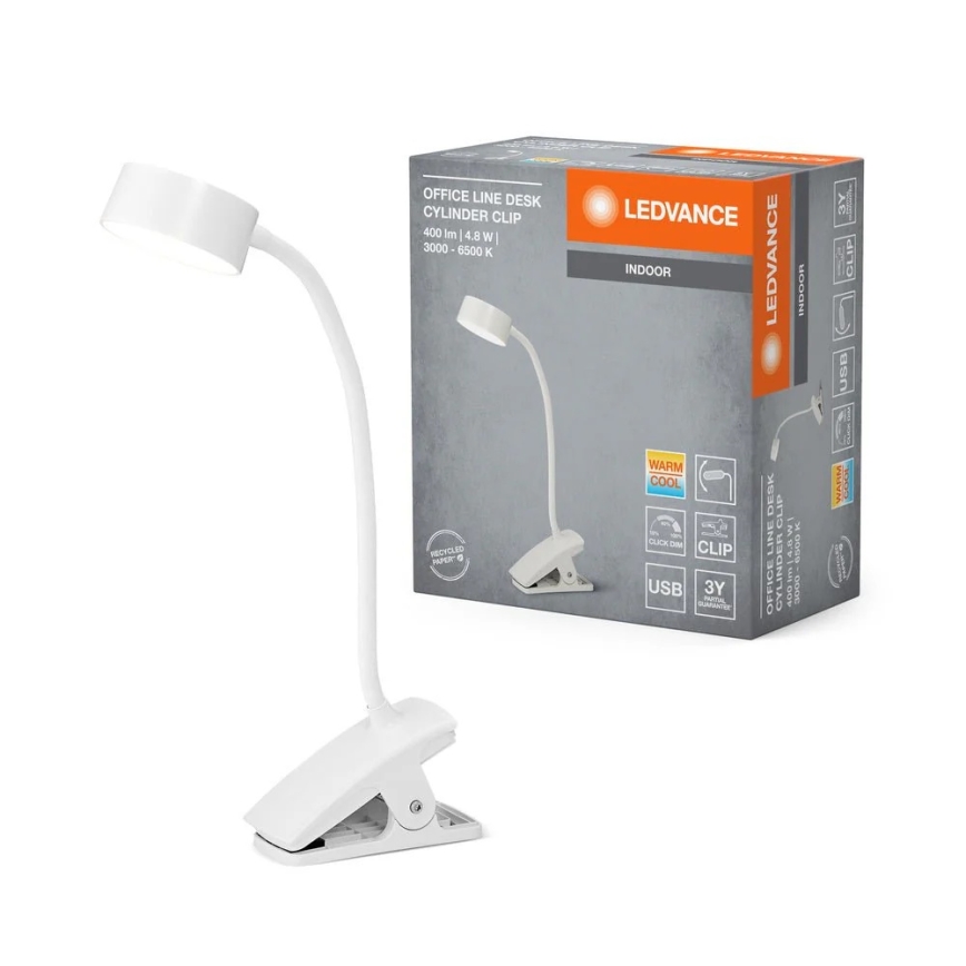 Ledvance - LED dimmelhető érintéses asztali lámpa csíptetővel CYLINDER LED/4,8W/5V 3000-6500K fehér