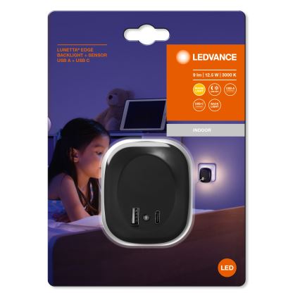 Ledvance - LED Konnektoros éjjeli fény érzékelővel és USB-vel LUNETTA LED/12,5W/230V 3000K fekete