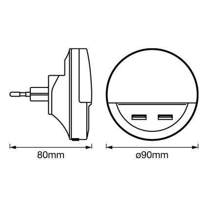 Ledvance - LED konnektoros éjszakai lámpa érzékelővel LUNETTA 2xUSB LED/13W/230V