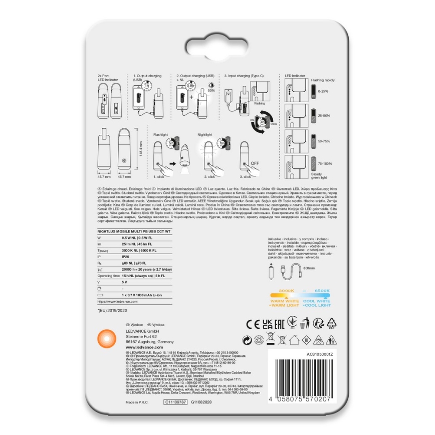 Ledvance - LED Power bank zseblámpa funkcióval MOBILE LED/0,5W/5V 1800 mAh 2xUSB