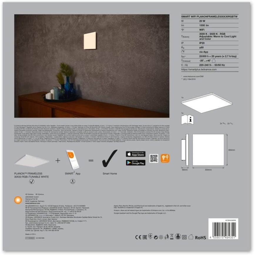 Ledvance - LED RGB+TW Dimmelhető mennyezeti lámpa SMART + FRAMELESS LED/20W/230V 3000K-6500K Wi-Fi