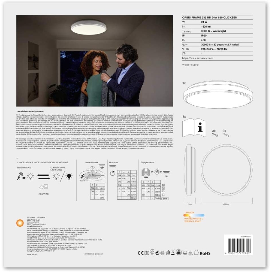 Ledvance - LED mennyezeti lámpa érzékelővel ORBIS LED/24W/230V 3000K
