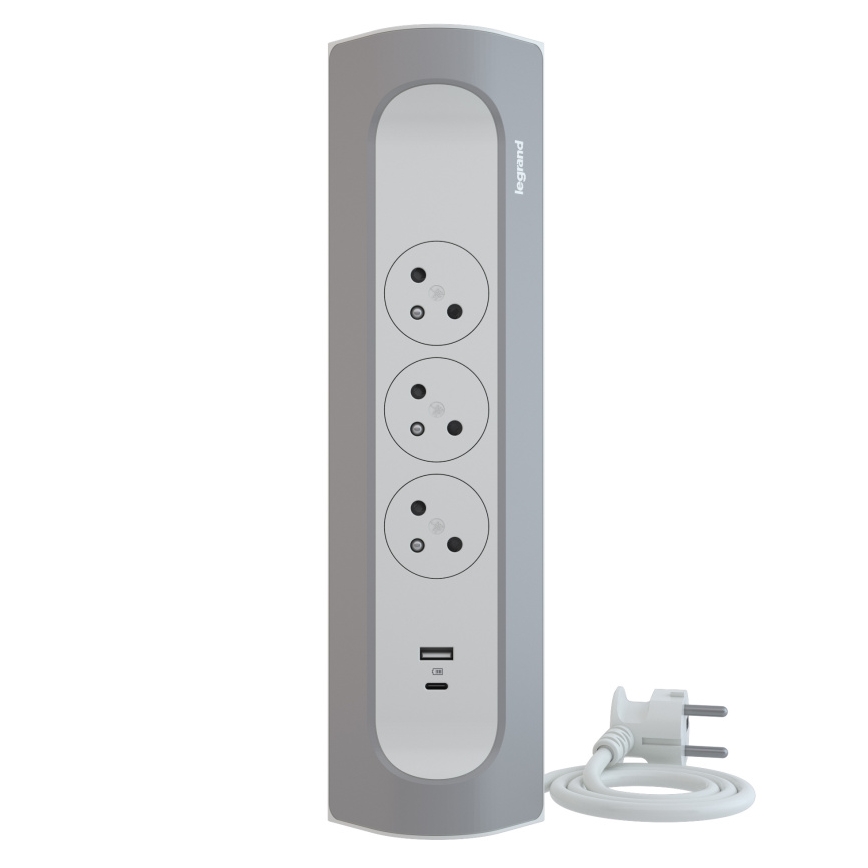 Legrand 049406 - Hálózati hosszabbító 3 aljzattal, E típusú dugó + USB-A + USB-C, 1 m, ezüst/fehér