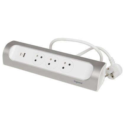 Legrand 049406 - Hálózati hosszabbító 3 aljzattal, E típusú dugó + USB-A + USB-C, 1 m, ezüst/fehér