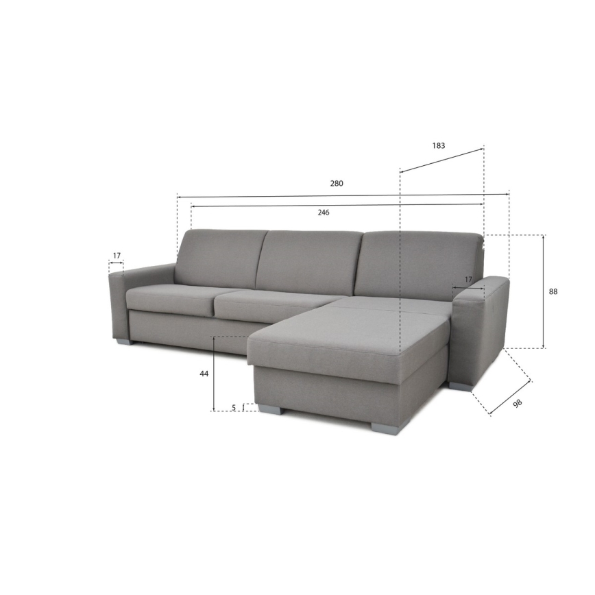 Kinyitható sarokkanapé mindennapi alváshoz, tárolóval, L alakú, LEKA jobb oldali, szürke