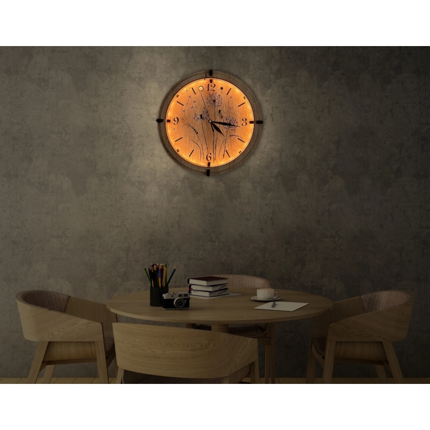 Li-Go 23688/DUB2 - LED-dimmelhető falióra mozgásérzékelővel LED/5V 20000 mAh + 1xAA átm. 32 cm tölgy/pitypang