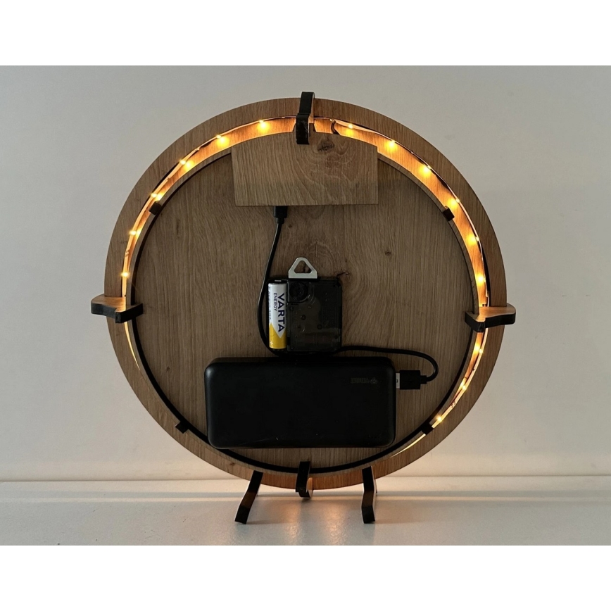 Li-Go 23688/DUB2 - LED-dimmelhető falióra mozgásérzékelővel LED/5V 20000 mAh + 1xAA átm. 32 cm tölgy/pitypang
