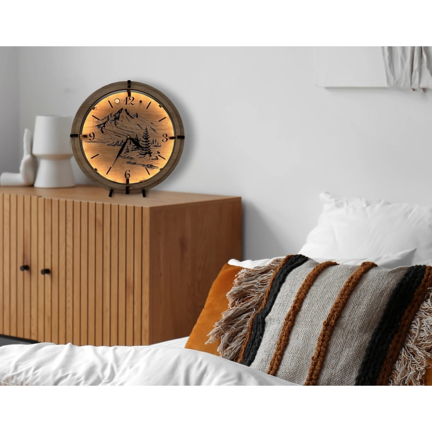 Li-Go 23697/DUB/BAT2 - Fényerőszabályozható LED-óra mozgásérzékelővel LED/10W/5V 20000 mAh + 1xAA átmérő 32 cm tölgy/Hegyek