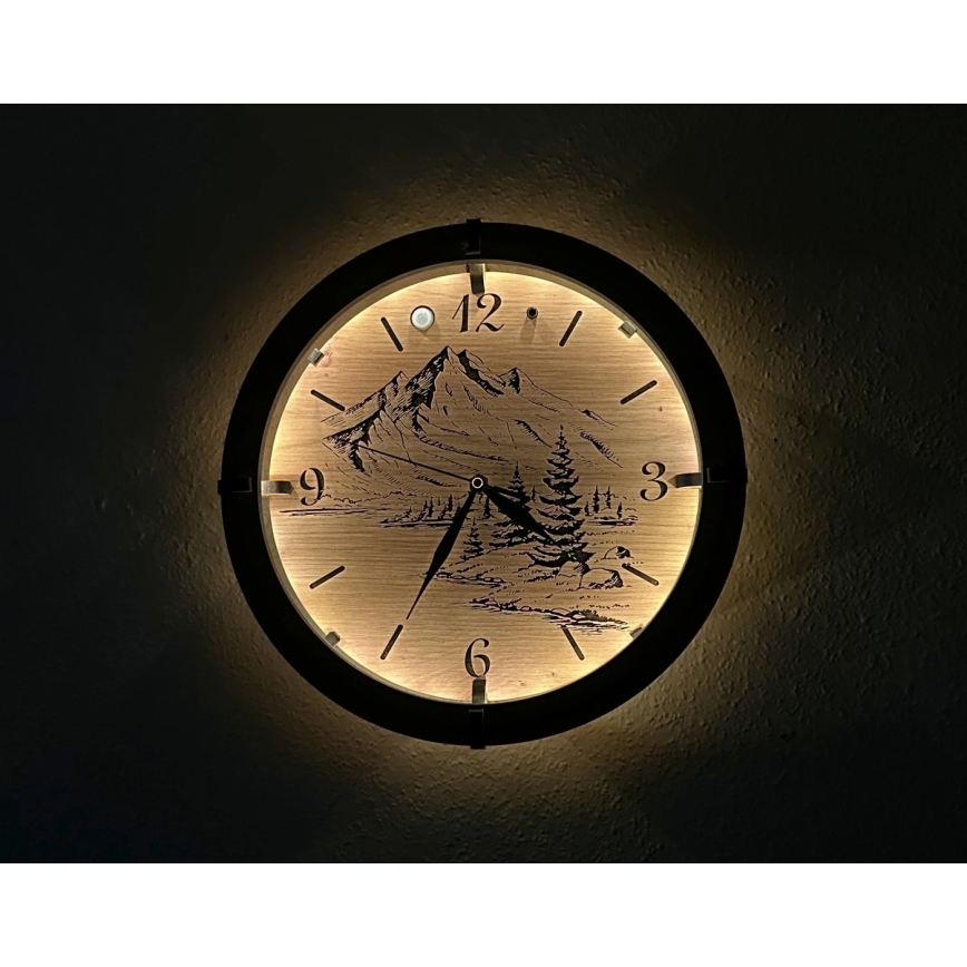 Li-Go 23697/DUB/BAT2 - Fényerőszabályozható LED-óra mozgásérzékelővel LED/10W/5V 20000 mAh + 1xAA átmérő 32 cm tölgy/Hegyek